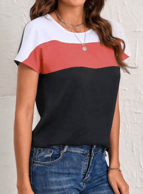 Blusa de color combinado de cuello redondo - Imagen 3